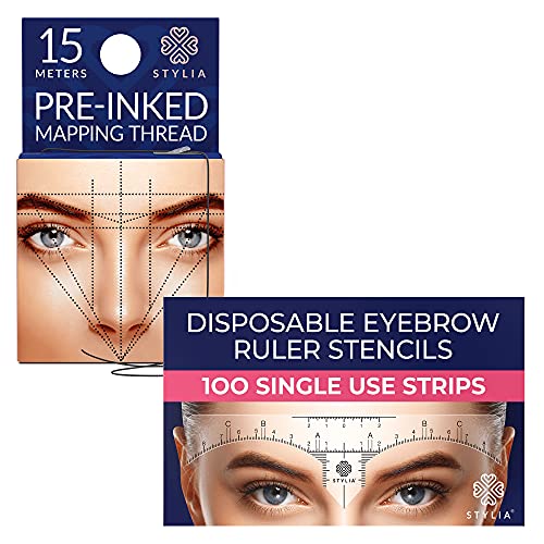 Bundle of Disposable Eyebrow Ruler Stencils and 15 Meters Pre-Inked Eyebrow Mapping String - Eyebrow Mapping Tools for All Face Shapes for Microblading or Personal Use